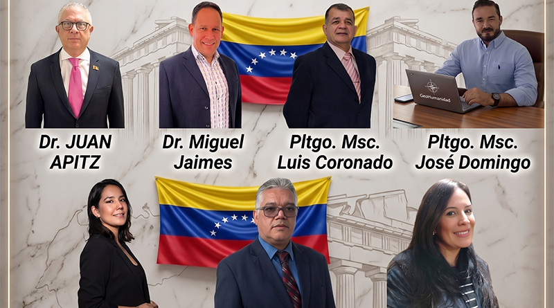 Composición fotográfica de siete politólogos venezolanos: Dr. Juan Apitz, Dr. Miguel Jaimes, Pltgo. Msc. Luis Coronado, Pltgo. Msc. José Domingo, Pltgo. Paola Quintero, Pltgo. Msc. José Ruiz y Pltgo. María Castillo, sobre un fondo con el Partenón y la bandera de Venezuela.