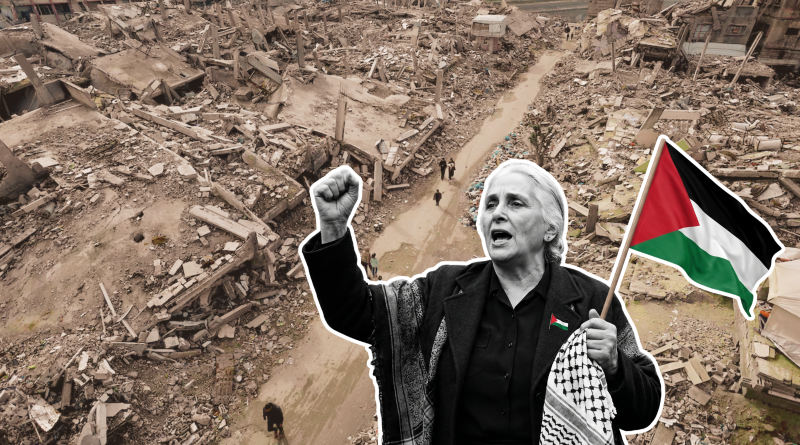 Fotomontaje de Dolores Ibárruri Gómez, La Pasionaria, cantando con pasión sobre un fondo de edificios destruidos en Gaza, sosteniendo una bandera palestina y llevando un keffiyeh.