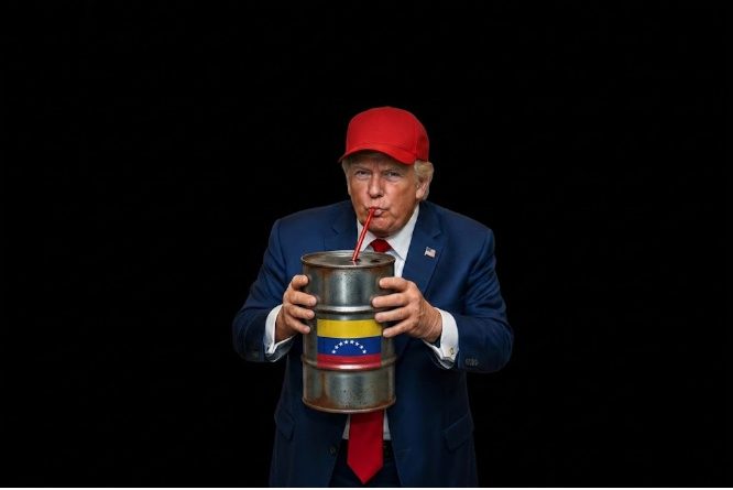 Donald Trump con una gorra roja y traje azul, bebiendo de un barril de metal con la bandera de Venezuela, contra un fondo negro.