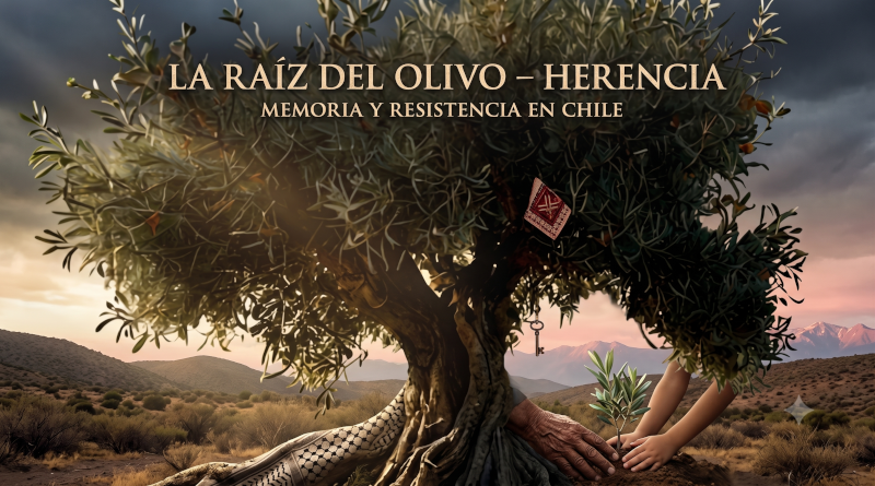 Una imagen cinematográfica y simbólica centrada en un olivo antiguo y retorcido en un paisaje andino de Chile al atardecer. Dos pares de manos, una adulta y arrugada, y una más joven, plantan juntas un pequeño retoño de olivo en la tierra en la base del árbol. Las raíces del árbol principal tienen un patrón sutil de la keffiyeh palestina integrado. Colgando de una rama en la parte superior derecha hay una pequeña bandera palestina y una llave antigua de metal. El texto integrado en la parte superior dice: "LA RAÍZ DEL OLIVO – HERENCIA" (en letras doradas grandes) y "MEMORIA Y RESISTENCIA EN CHILE" (en letras más pequeñas). El fondo muestra montañas andinas y un cielo dramático con luz rosada.