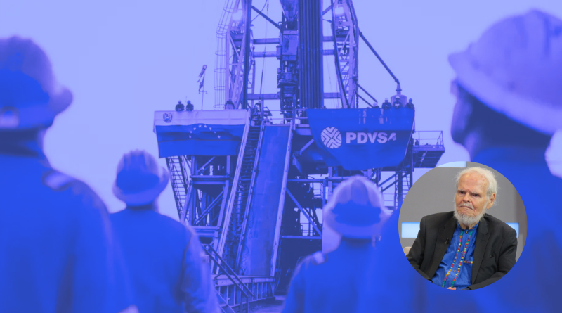 El intelectual venezolano Luis Britto García en primer plano, de fondo un pozo petrolero con la bandera de PDVSA con efecto azul