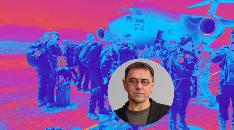 Al fondo una imagen de un avión norteamericano en suelo de Venezuela, con un efecto artítico. Adelante una foto encerrada en un círculo del intelectual y político español Juan Carlos Monedero.