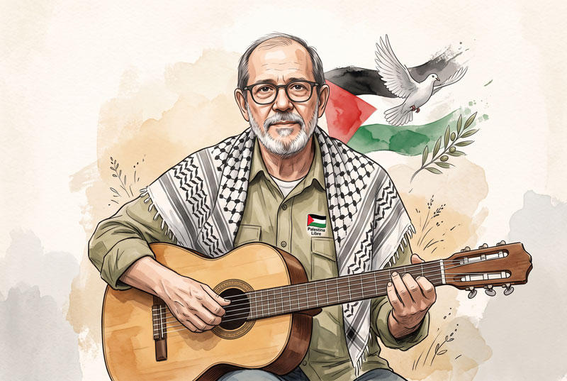 Silvio Rodríguez, catautor cubano, canta por el fin del genocidio en Palestina en la Jornada internacional de conciertos y recitales «Con Silvio le cantamos a Palestina»